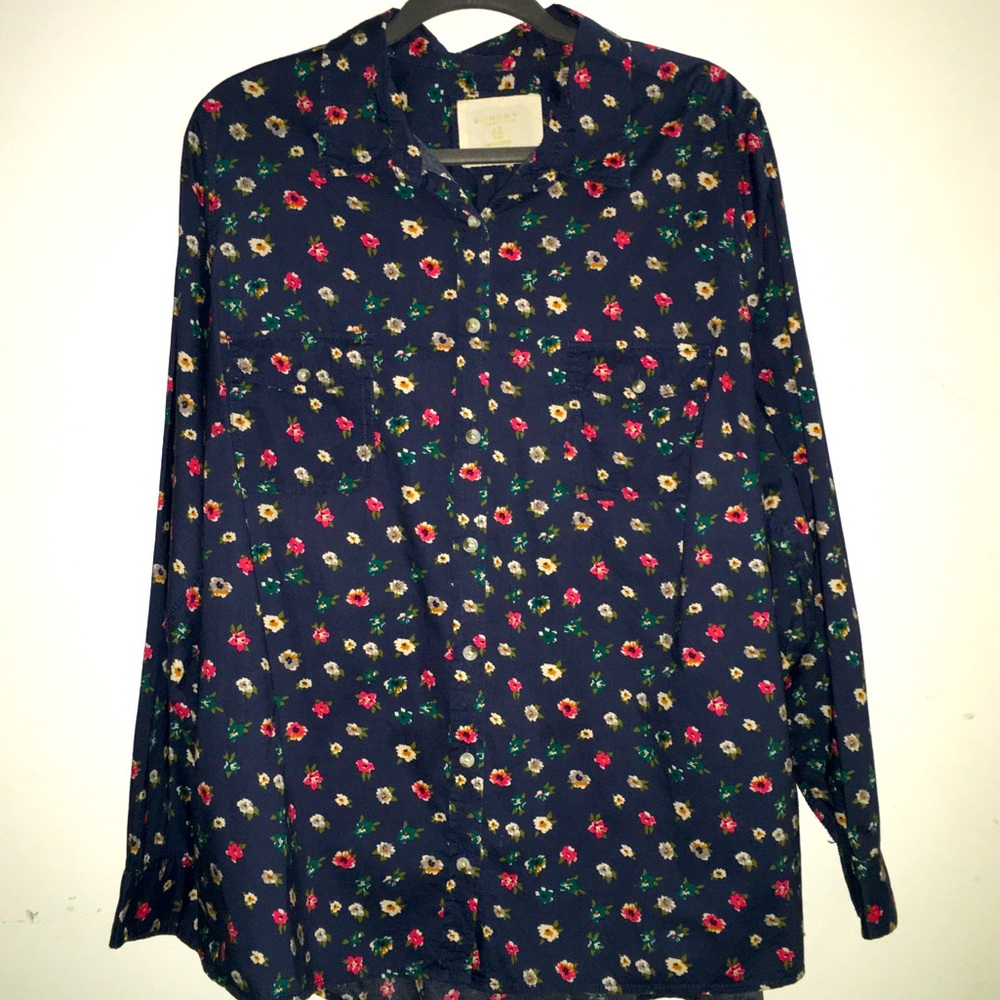 SONOMA Womens Dark Blue Floral Print Button Up Top